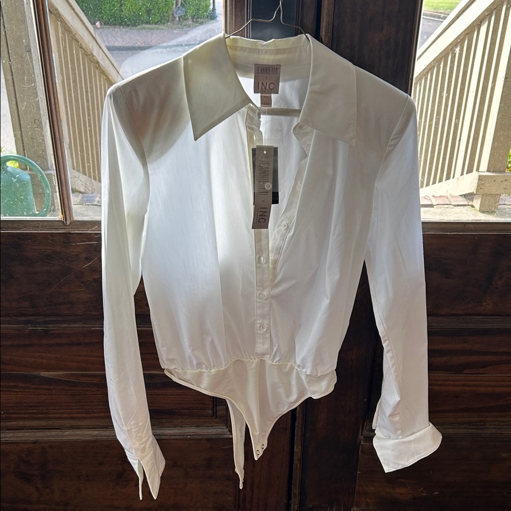 INC International Concepts White Button-Front Long-Sleeve Bodysuit XXS NWT!